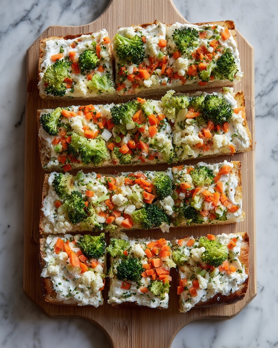 A flat rectangular focaccia bread base is evenly spread with a thick creamy white layer of dip. On top, there are three types of fresh chopped vegetables: bright green broccoli florets, small white cauliflower pieces, and finely chopped orange carrots scattered evenly, giving the dish a colorful look. The bread is cut into small rectangular and square pieces, arranged tightly on a wooden board with a light natural wood grain. The whole setup is placed on a white marbled surface. photo taken with an iphone --ar 4:5 --v 7