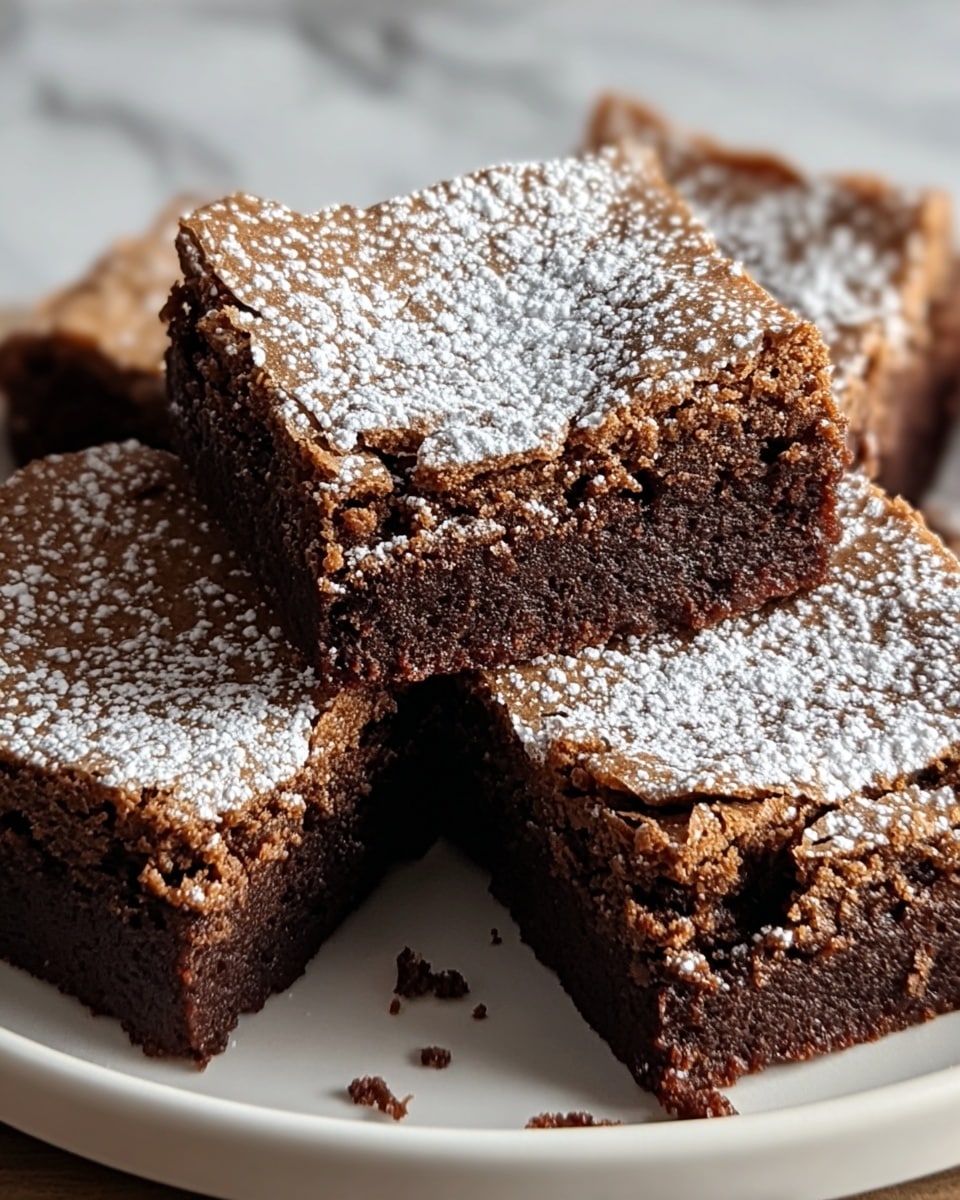 A close-up image shows four thick square brownies arranged tightly together on a white plate. Each brownie has a dark brown, rich, fudgy base layer with a slightly crumbly and cracked top layer dusted with a light layer of white powdered sugar. The edges are slightly rough, and crumbs are scattered around the plate. The background features a white marbled texture. photo taken with an iphone --ar 4:5 --v 7