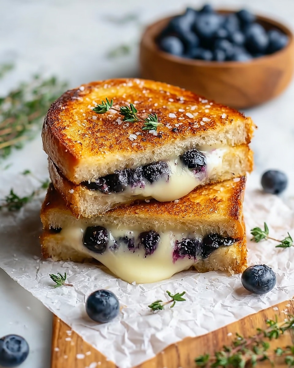 A toasted sandwich stacked in two layers with golden brown, crispy bread on top and bottom, filled with melted creamy white cheese that oozes slightly at the edges, and fresh whole blueberries nestled inside the cheese layer, showing bursts of deep blue-purple color. The sandwich is sprinkled with coarse sea salt flakes and topped with a small green sprig of fresh thyme, resting on white parchment paper over a white marbled surface. Scattered around are a few loose blueberries and small thyme sprigs, and a small white bowl filled with more blueberries is blurred in the background. photo taken with an iphone --ar 4:5 --v 7