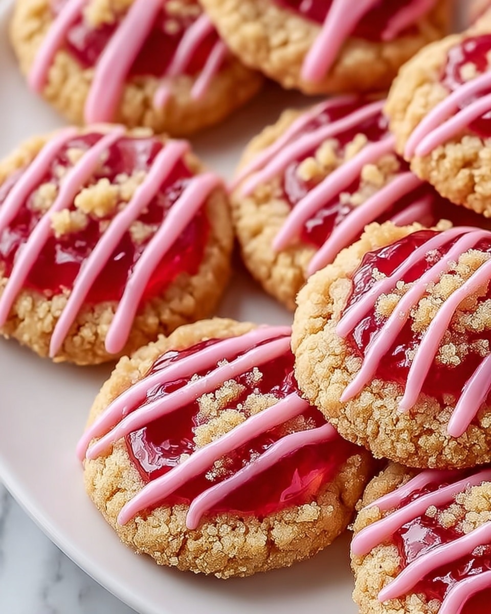 The image shows two stacked round cookies on a white plate placed on a white marbled surface, each cookie having three layers: a crumbly golden-brown base, a middle layer of red jam peeking through, and a top layer with light crumbly bits and thick pink icing drizzled in wavy stripes across the surface. The pink icing is glossy and smooth, contrasting with the rough texture of the cookie crumbs, and the red jam shines between the layers adding a juicy look. Photo taken with an iphone --ar 4:5 --v 7