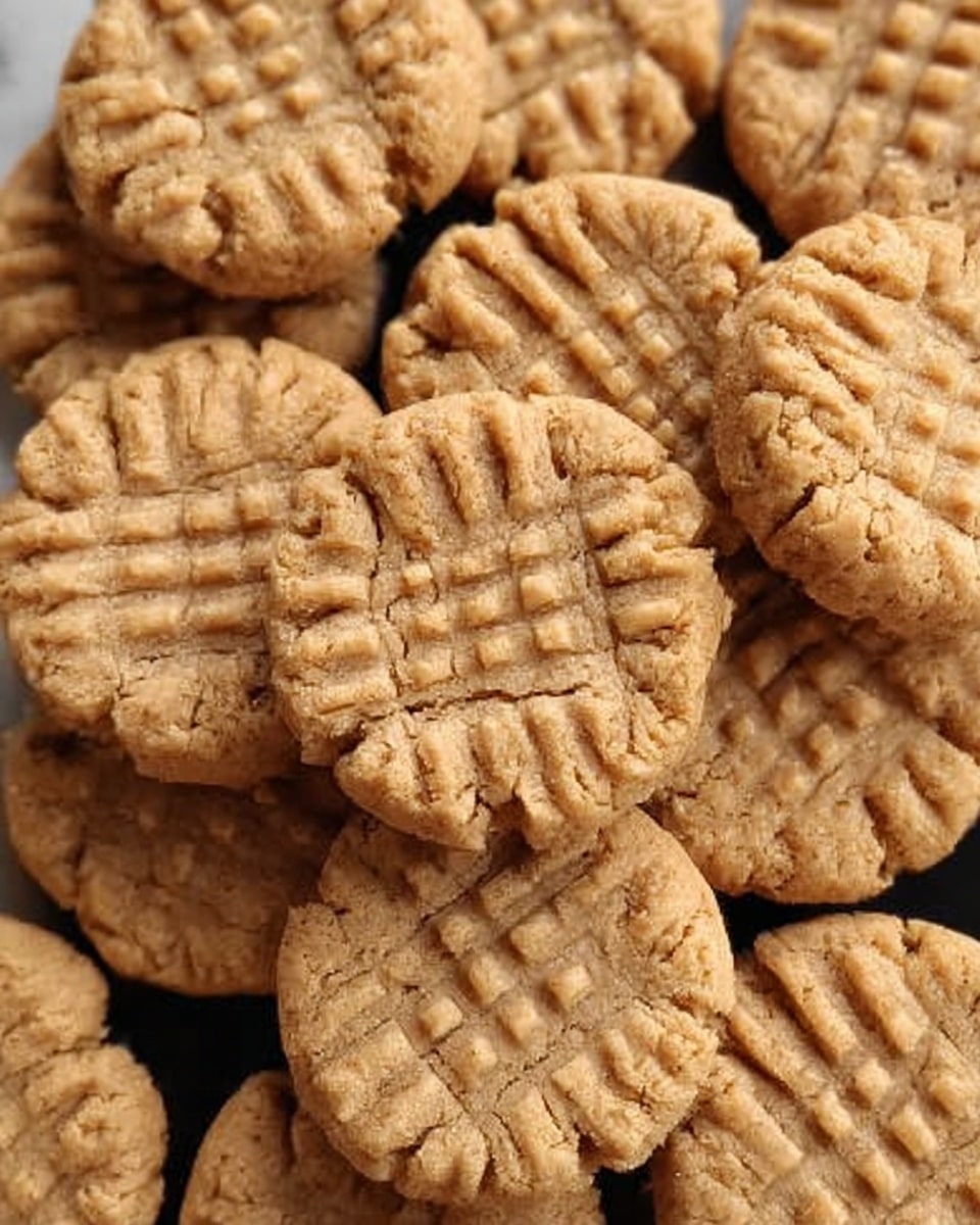 The image shows a close-up view of many round peanut butter cookies with a cracked surface. Each cookie has a grid pattern pressed on the top with fork lines crossing in two directions. The cookies are light brown with a slightly rough texture and are stacked closely together, filling the frame. The background is a white marbled texture. Photo taken with an iphone --ar 4:5 --v 7