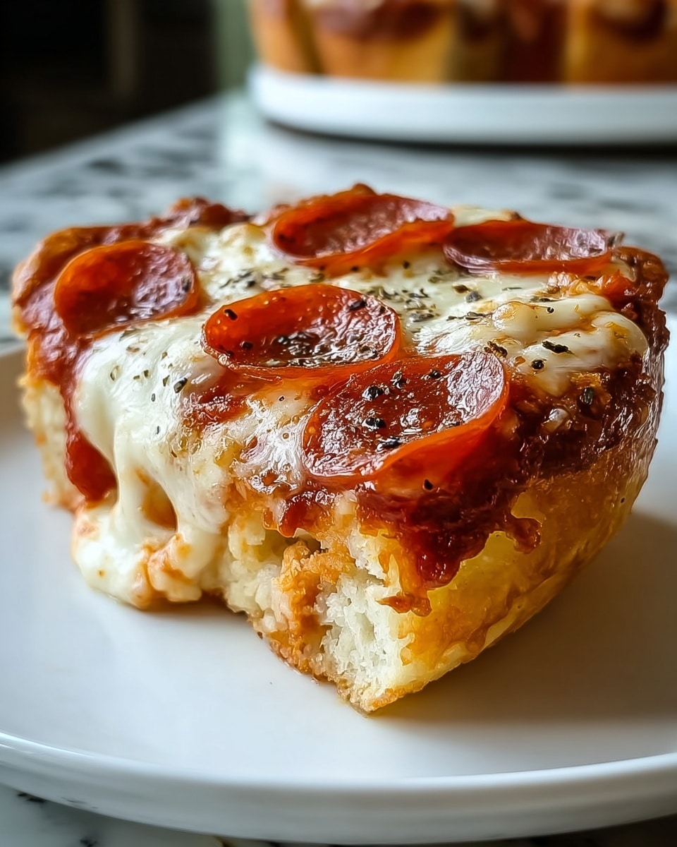 A close-up of a thick slice of pepperoni pizza sits on a white plate. The bottom layer is a light golden-brown thick crust with a soft and airy texture. On top of this is a rich, dark red tomato sauce layer visible near the crust edges. Above the sauce is a bubbly, melted cheese layer with a creamy white color and some golden browned spots, stretching slightly over the crust edges. Scattered on the cheese are several slices of shiny, bright red pepperoni with curled edges, and small black specks of seasoning are sprinkled lightly on top. The photo is taken on a white marbled texture surface with a blurred kitchen background, photo taken with an iphone --ar 4:5 --v 7