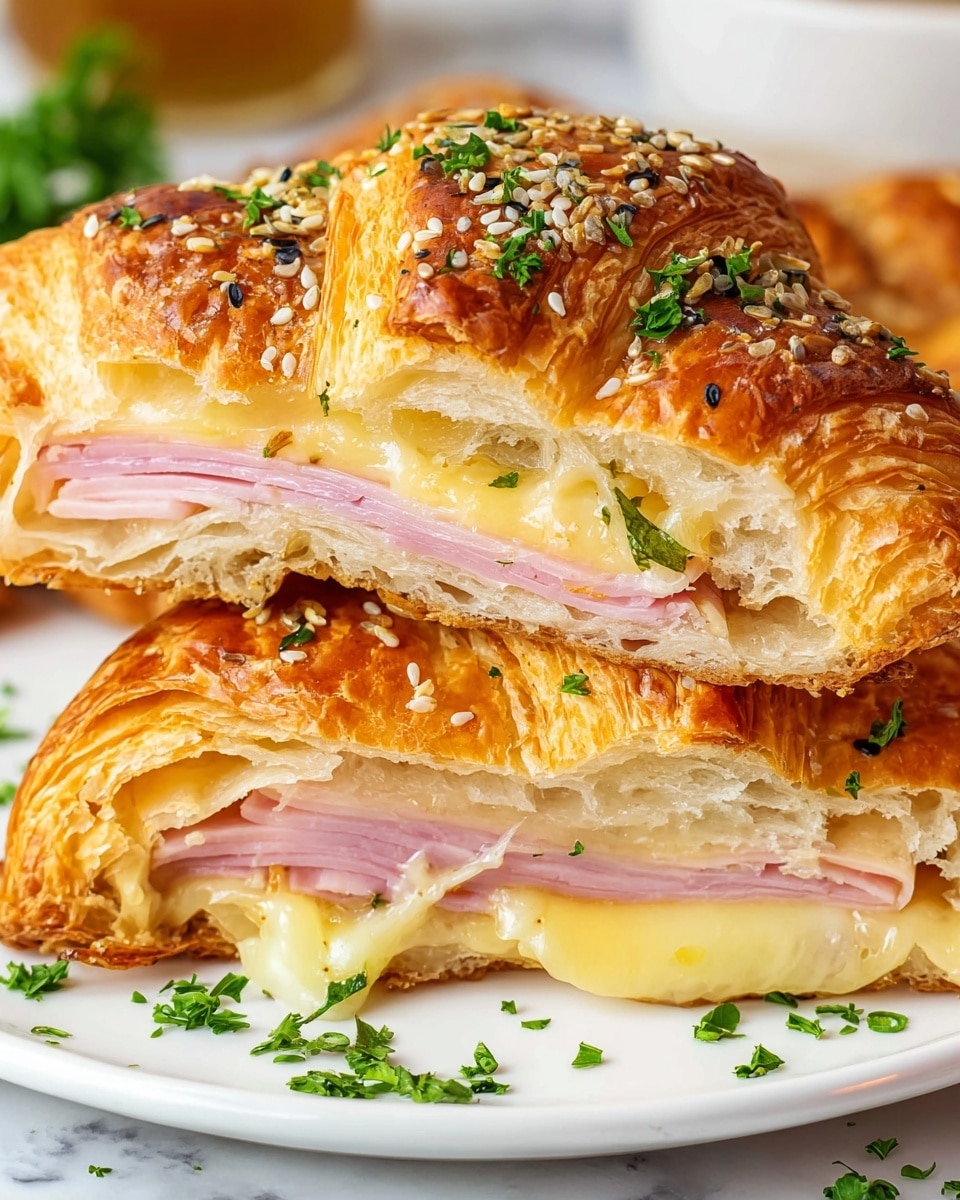A close-up view of a sandwich cut in half, showing its three layers: a golden brown flaky croissant top with a slightly shiny texture, sprinkled with white and black sesame seeds and bits of green parsley; a middle layer of light pink folded ham; and a bottom layer of melted cheese that is creamy yellow and slightly gooey, all sitting on a white plate with chopped parsley scattered around, against a white marbled surface. Photo taken with an iphone --ar 4:5 --v 7