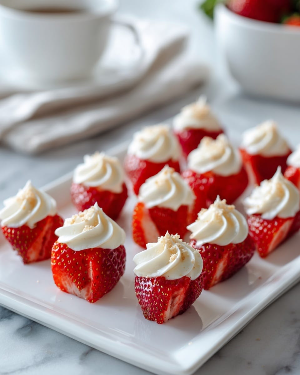 The image shows a white rectangular plate filled with several small strawberry halves arranged in neat rows. Each strawberry half is red with a juicy texture, topped with a small swirl of white cream, which looks smooth and fluffy. A small sprinkle of light brown crumbs is on top of the cream, adding texture contrast. The plate sits on a white marbled surface, and the background is softly blurred, showing the corner of a white cup and a folded cloth. The light is natural, enhancing the fresh and clean look of the strawberries and cream. photo taken with an iphone --ar 4:5 --v 7