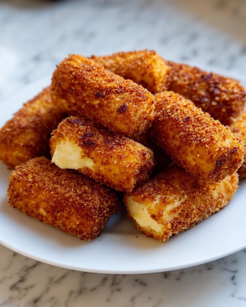 A white plate stacked with eight golden brown fried cheese sticks arranged in a layered pile, where the bottom layer holds five sticks, the middle layer has two sticks, and one stick rests on top, slightly broken to reveal melted white cheese stretching out; the cheese sticks have a crispy and crunchy texture with a mix of darker and lighter brown breaded coating. The plate sits on a surface with a white marbled texture. Photo taken with an iphone --ar 4:5 --v 7