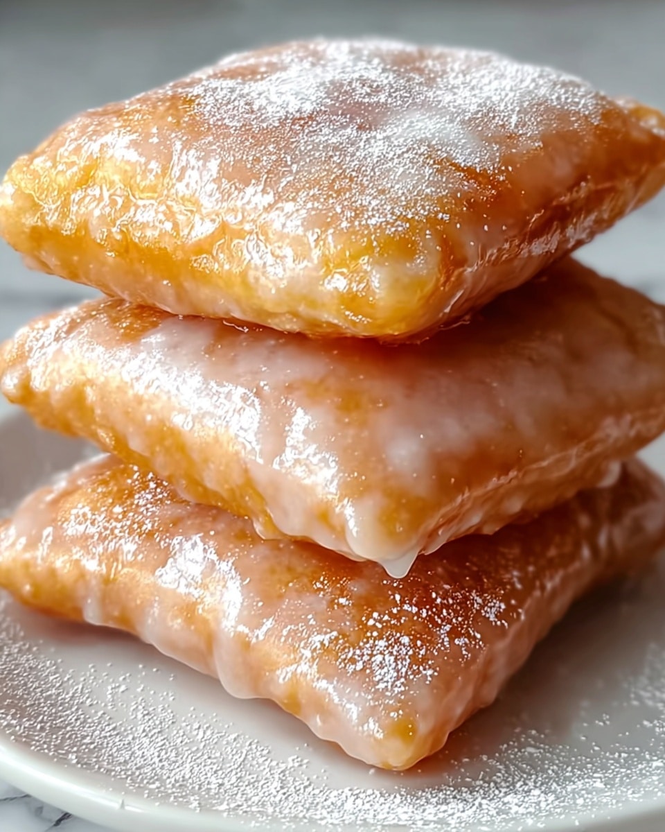 A stack of three square-shaped, golden-brown fried pastries with a shiny glaze covers each piece, giving them a moist and slightly sticky look. Each pastry has a slightly puffed texture with a light dusting of powdered sugar on top, emphasizing their crispy yet soft surface. The stack sits on a white plate against a white marbled texture, highlighting the warm hues and glossy coating of the pastries. photo taken with an iphone --ar 4:5 --v 7