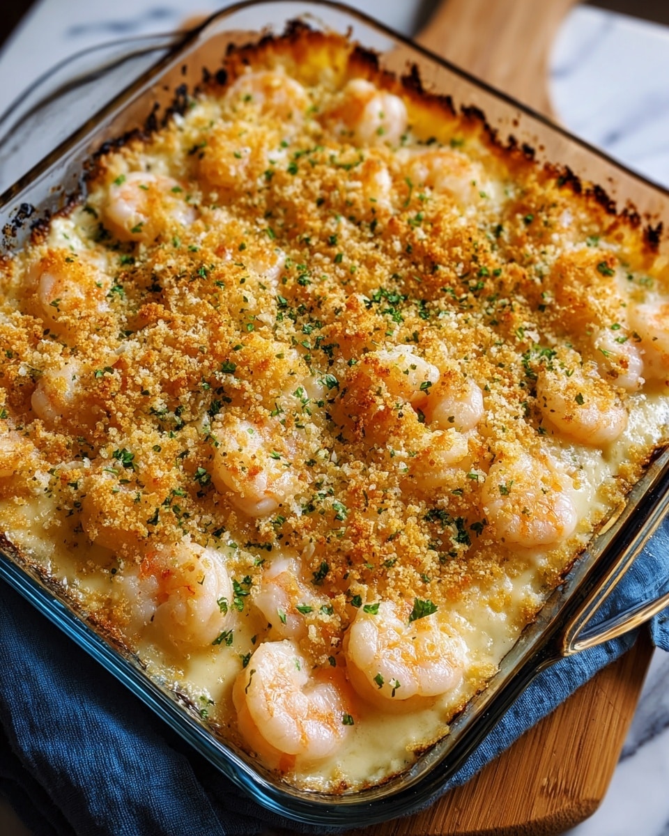 A baked dish in a dark blue square casserole dish on a white marbled surface, showing three visible layers: the bottom layer is creamy and light yellow, likely a cheesy sauce; the middle layer consists of pink shrimp evenly spread across the dish; the top layer is a golden-brown crispy crust made from toasted breadcrumbs or cheese, with small green parsley flakes sprinkled all over, adding color contrast. Photo taken with an iphone --ar 4:5 --v 7