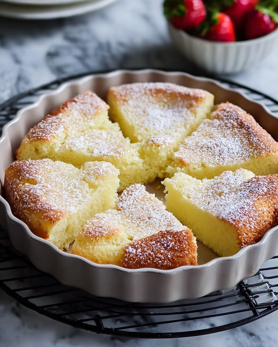 A baked cake is cut into eight pieces inside a round white baking dish with fluted edges. The cake is pale yellow with a soft, crumbly texture and slightly browned, crispy tops on each piece. The surface is dusted with powdered sugar, adding a fine white layer on top. The baking dish sits on a black cooling rack on top of a white marbled surface. In the blurred background, a white bowl with red strawberries and green leaves is partially visible. photo taken with an iphone --ar 4:5 --v 7