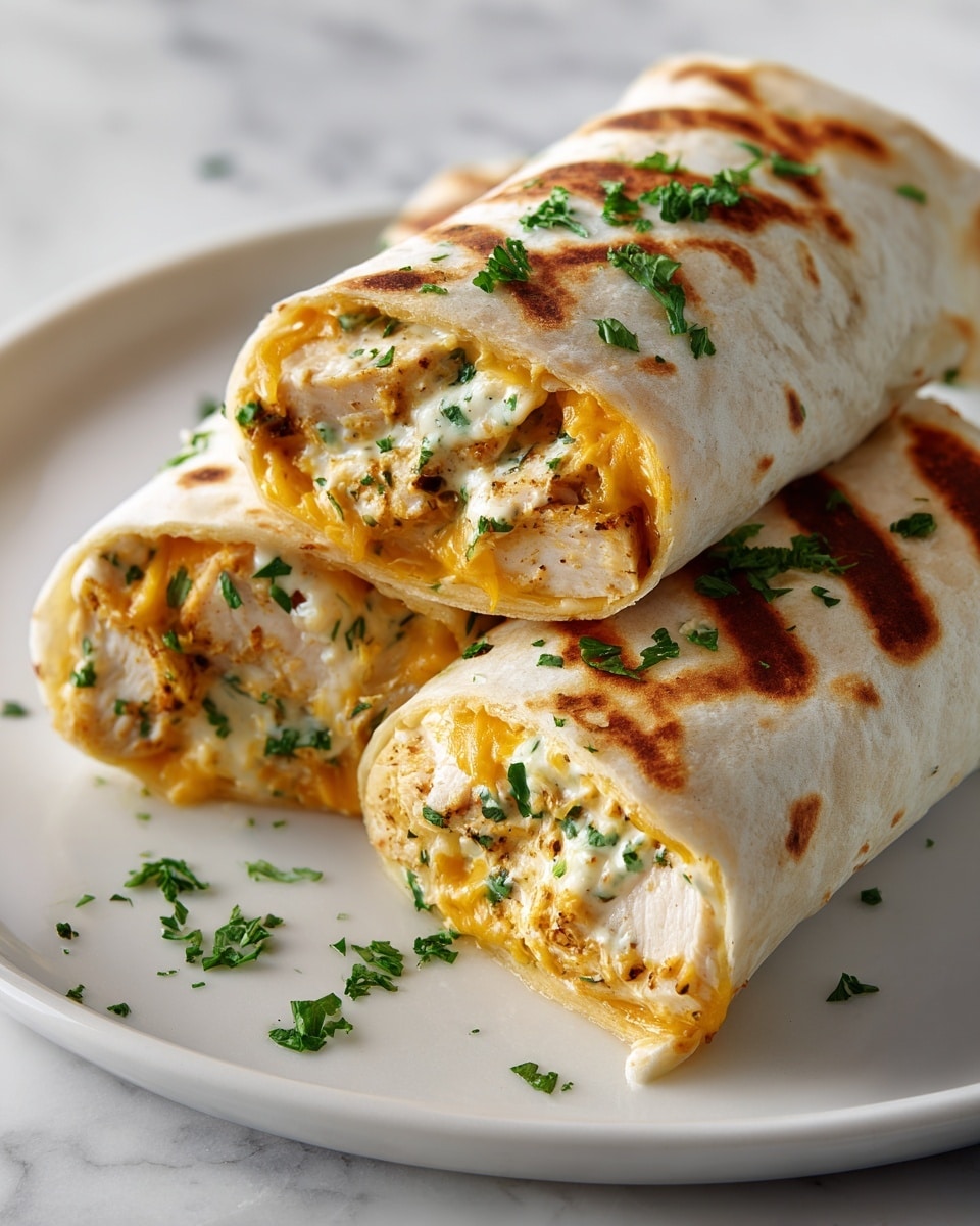 Two grilled white tortillas are stacked on a white plate with a white marbled texture underneath. Each tortilla is rolled and cut to show the inside layers, which include creamy melted orange-yellow cheddar cheese, tender white chicken pieces with visible seasoning, and a smooth creamy sauce speckled with herbs. Small green parsley pieces are sprinkled both inside the rolls and on the plate for garnish. The tortillas have light brown grill marks and a soft texture. Photo taken with an iphone --ar 4:5 --v 7