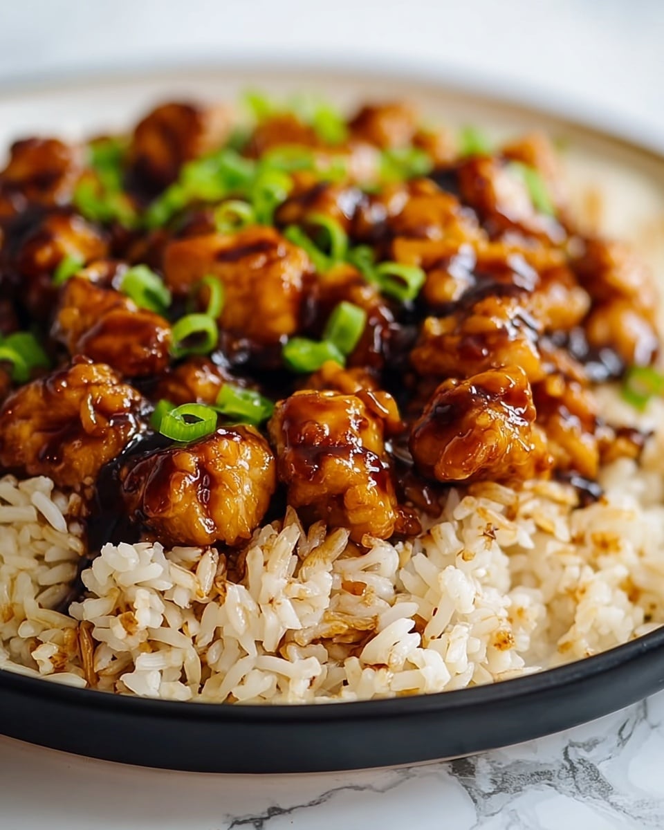 A close-up of a white bowl filled with two main layers: the bottom layer is light tan cooked rice with some grains showing a slight glossy texture, and the top layer consists of small, unevenly shaped pieces of chicken glazed with a rich, dark brown shiny sauce that adds a sticky and caramelized look. Scattered over the chicken are small, bright green chopped scallions, adding a fresh pop of color. The bowl sits on a white marbled surface, making the colors of the dish stand out clearly. photo taken with an iphone --ar 4:5 --v 7