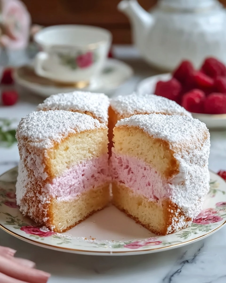 A round cake sliced to show three visible parts, each with two layers: a light golden outer sponge layer and a thick inner layer of fluffy pink filling. The cake is covered in a thick white powdered sugar coating with a textured surface. It sits on a white plate with a delicate floral pattern and a gold rim. In the background, there is a blurry white teapot and a white plate holding several fresh raspberries, all placed on a white marbled surface. A woman's hand is seen reaching from the right side. photo taken with an iphone --ar 4:5 --v 7