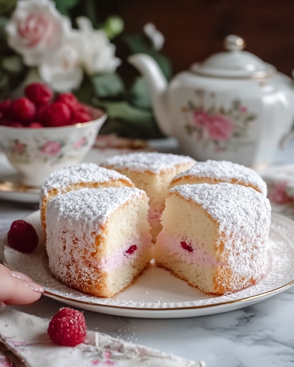 A round cake with a light golden crust dusted heavily with white powdered sugar on top and sides, cut into several thick slices revealing a soft, fluffy pink layer inside with a small red berry embedded near the bottom; the cake sits on a white plate with a delicate gold trim, placed on a white marbled surface with a folded floral cloth nearby, while raspberries and a white teapot with floral design sit blurred in the background; a woman's hand is slightly visible reaching over the scene. photo taken with an iphone --ar 4:5 --v 7