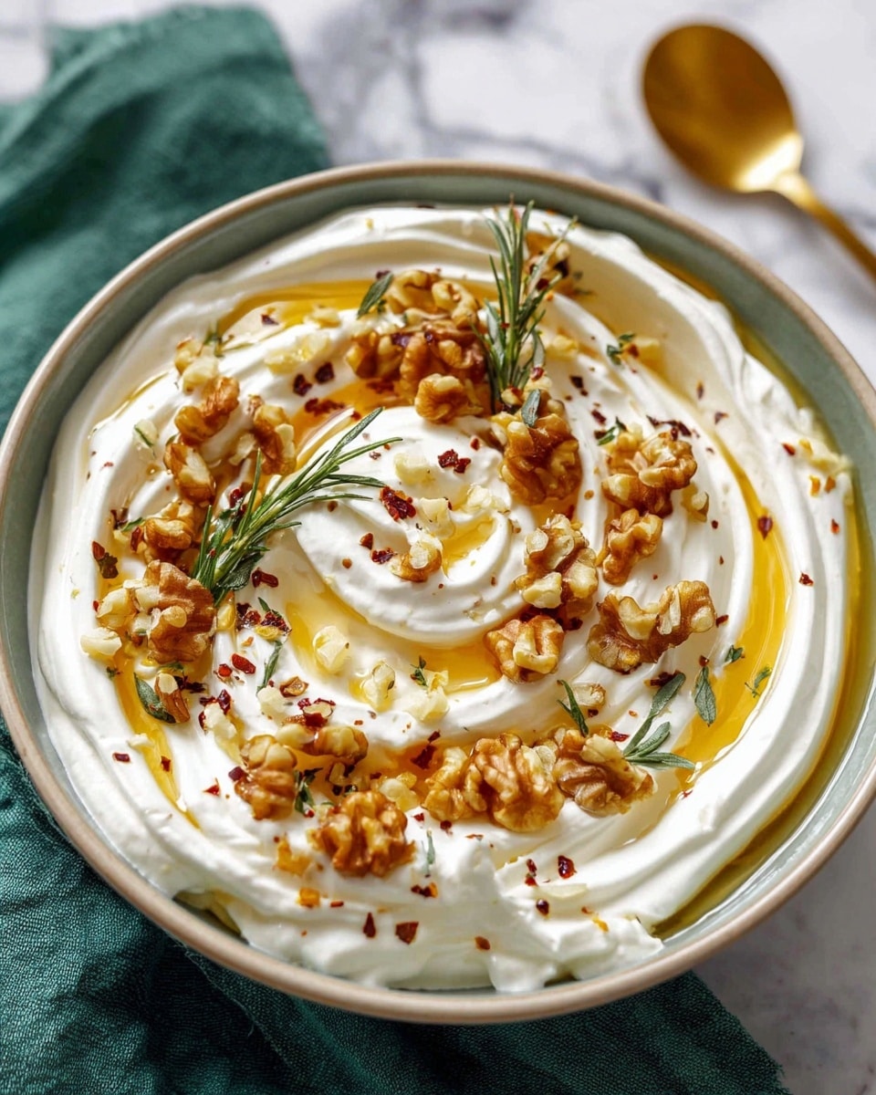 A round white bowl filled with a thick layer of creamy white yogurt spread in a swirling pattern with soft peaks and valleys, topped with a drizzle of golden honey that pools in the swirls. Above the honey, there are scattered small pieces of light brown chopped walnuts and small sprigs of green rosemary. Tiny red chili flakes are sprinkled across the yogurt, adding specks of color. The bowl sits on a white marbled surface with a green cloth and a golden spoon blurred in the background. photo taken with an iphone --ar 4:5 --v 7