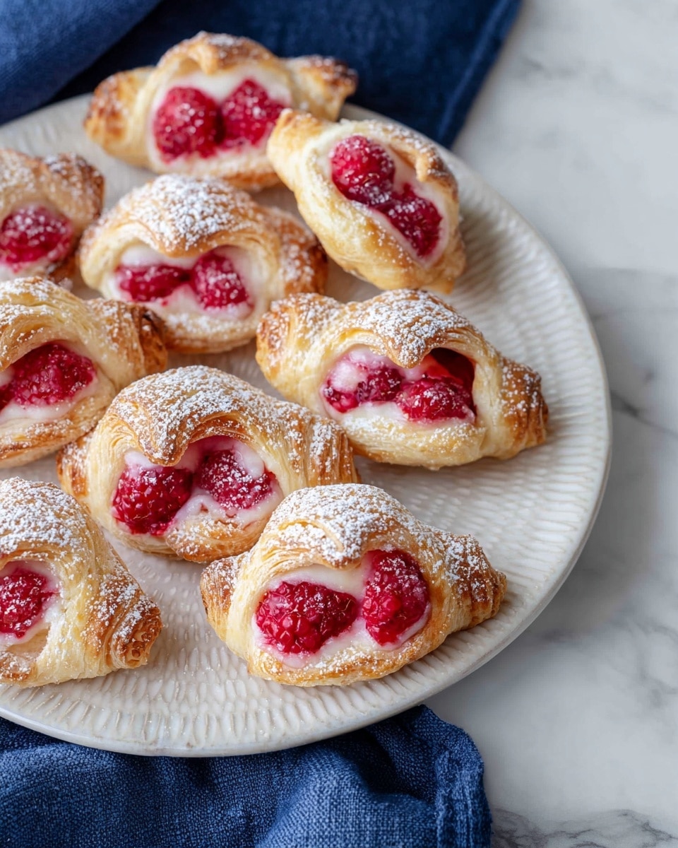 The image shows a white rectangular plate filled with seven small pastries shaped like boats, each containing three to four bright red raspberries nestled in the center. The pastries have a golden-brown, flaky crust with slight folds on the sides holding the raspberries. A light dusting of powdered sugar covers the pastries, adding a soft white texture that contrasts with the vibrant red fruit. The plate is set on a white marbled surface, and in the top left corner, there is a white colander with more fresh raspberries inside, placed partially on a dark blue cloth. Photo taken with an iphone --ar 4:5 --v 7