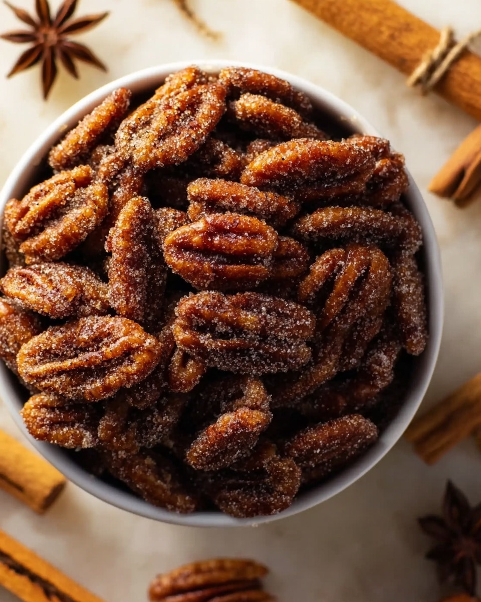 A close-up top view of a white bowl filled with many candied pecans, each pecan coated with a textured layer of shiny cinnamon sugar giving a rough look. The pecans are dark brown with a slight reddish tint, piled high inside the bowl. Around the bowl on a white marbled surface, there are cinnamon sticks and star anise placed softly out of focus. The lighting highlights the sugary texture on the nuts showing a subtle sparkle. photo taken with an iphone --ar 4:5 --v 7