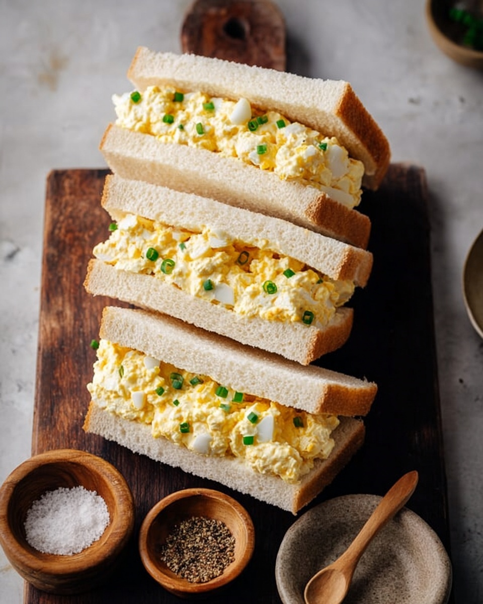 Four egg salad sandwiches are stacked on a dark wooden board placed on a white marbled surface. Each sandwich has two layers of soft white bread with a thick middle layer of creamy egg salad mixed with chopped egg whites and yolks, topped with small green onion slices scattered throughout. Beside the board are two small bowls, one wooden with white salt and a small wooden spoon, and one stone bowl containing black pepper. The scene is lit softly, showing the texture of the bread, egg salad, and bowls. Photo taken with an iphone --ar 4:5 --v 7