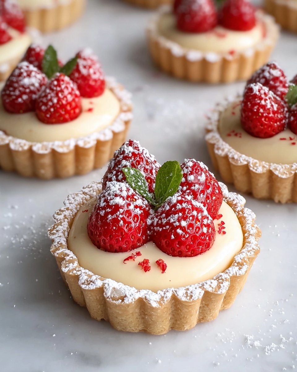 Small tartlets with a golden-brown crust that has a scalloped edge dusted with powdered sugar. Each tartlet is filled with a smooth, creamy off-white filling that is thick and slightly domed in the center. On top, vibrant red strawberries with a fresh green leafy crown sit in clusters of three in the middle of the filling. A few tiny red flakes are sprinkled over the cream, and powdered sugar is lightly dusted on the strawberries and around the tartlets on a white marbled surface. photo taken with an iphone --ar 4:5 --v 7