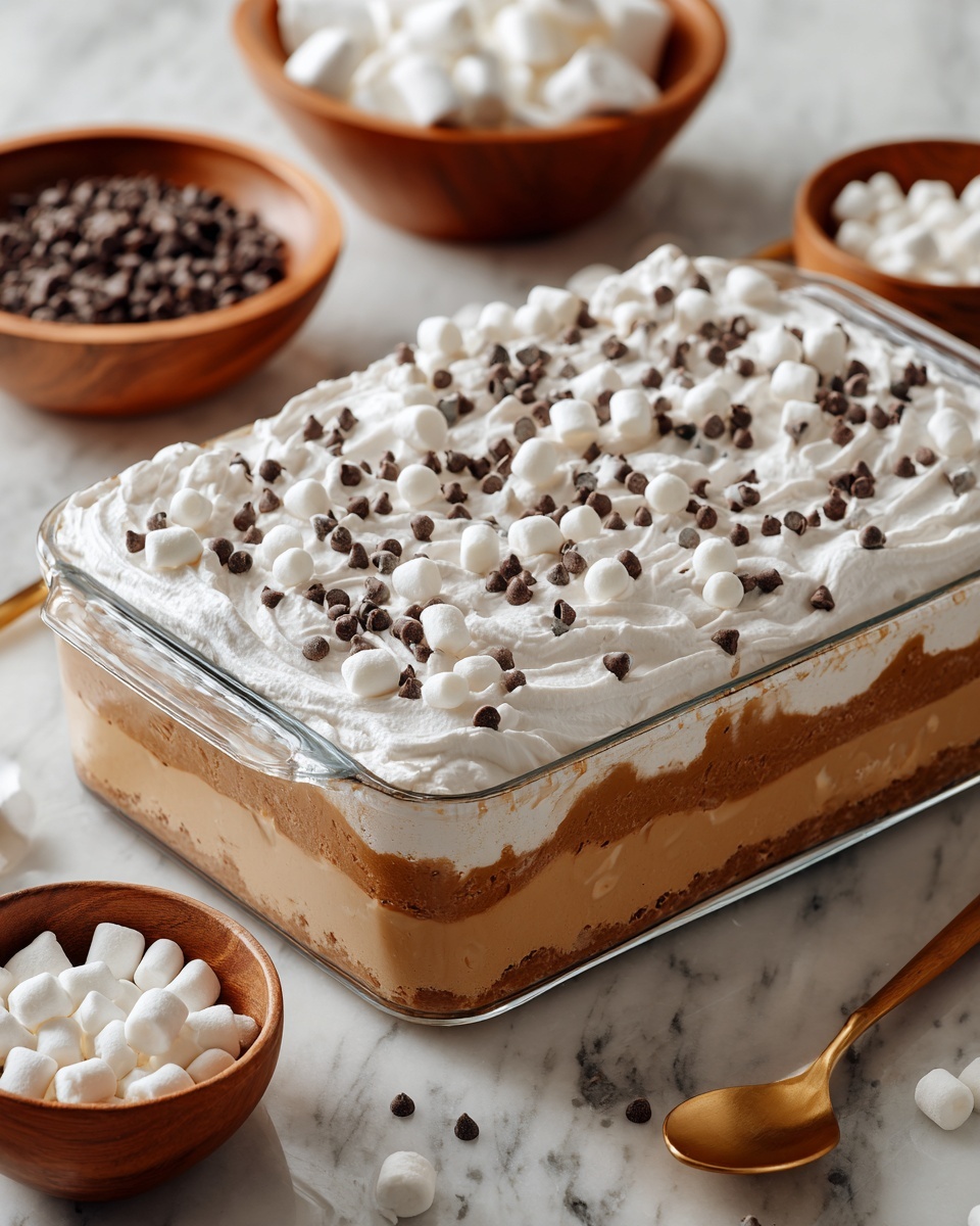 The image shows a clear glass rectangular dish filled with three visible layers of a dessert. The bottom layer is not clearly visible but appears to be a denser base. The middle layer is light brown and creamy, smooth with soft swirls on top. The top layer is a light beige whipped cream spread evenly, dotted generously with small white mini marshmallows and scattered with small dark brown chocolate chips. The dish is placed on a white marbled surface with wooden bowls nearby holding more mini marshmallows and chocolate chips. Photo taken with an iphone --ar 4:5 --v 7