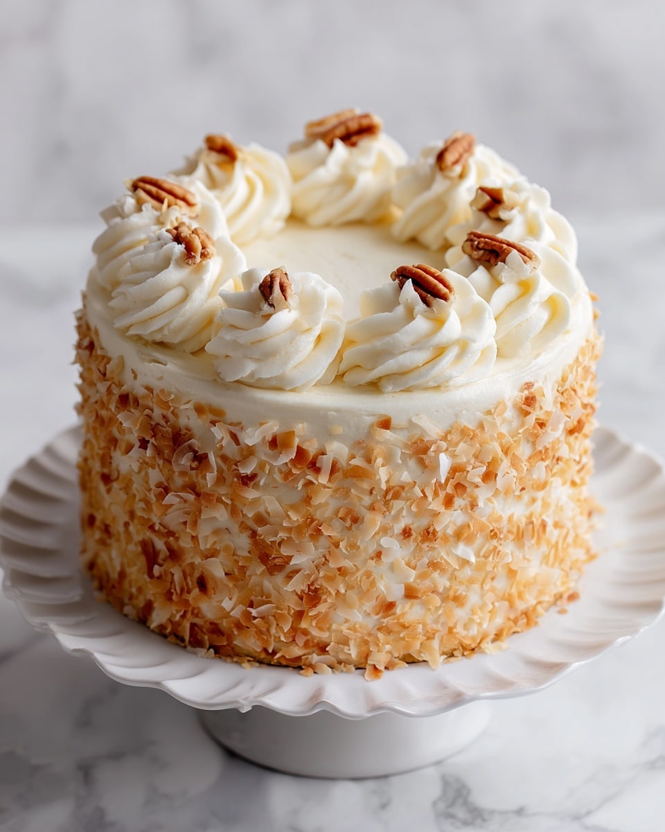 The image shows a two-layer tall cake covered fully with white frosting and toasted coconut flakes on the sides and top edge. Each cake layer is light beige with visible small bits of nuts inside. A thick layer of white frosting is spread between the two cake layers. The top of the cake is decorated with large swirls of smooth white frosting spaced evenly, and some chopped pecans are scattered near the frosting swirls. The cake sits on a white plate with a ruffled edge, placed on a white marbled surface. The photo taken with an iphone --ar 4:5 --v 7