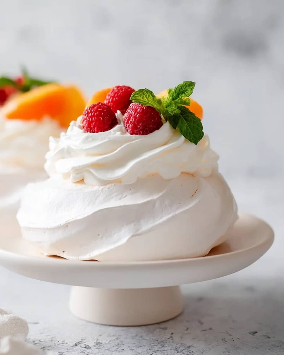 A small pavlova dessert sits on a white cake stand against a white marbled texture background. The pavlova has one thick base layer of soft, white meringue with swirled texture, topped with a smooth, white whipped cream layer formed into soft waves. On top of the whipped cream, there are three bright red raspberries, a small sprig of fresh green mint, and a thin slice of orange peach, adding color contrast. The overall look is light, fluffy, and fresh. photo taken with an iphone --ar 4:5 --v 7