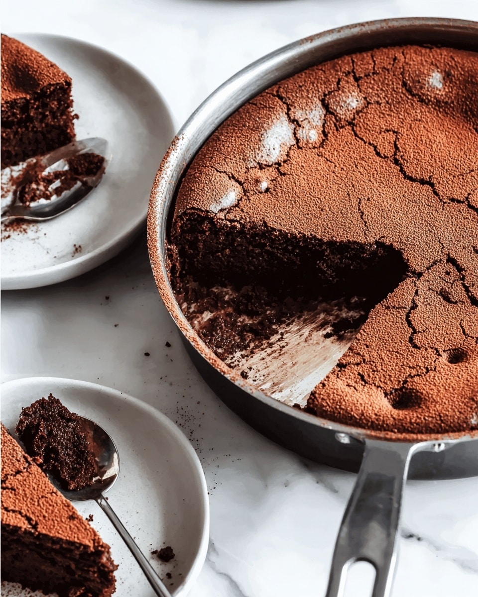 The image shows a dark chocolate cake with a cracked top layer, baked in a round pan with a metal handle. One large slice is missing from the cake, revealing a dense, moist, and rich dark brown interior with a slightly gooey texture near the center. The cracked top has a matte finish with small air bubbles giving it a rustic look. Next to the pan, on a white plate, there is a slice of the same cake, showcasing the thick, crumbly chocolate exterior and soft inside. Another small white plate holds a piece of the cake with a spoon resting on it. The scene is set on a white marbled surface. photo taken with an iphone --ar 4:5 --v 7