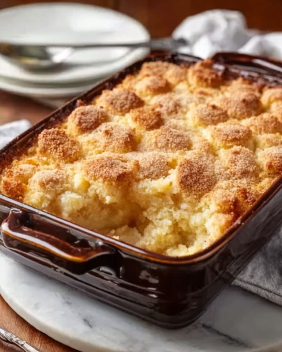 The image shows a baked dish in a dark brown rectangular ceramic baking dish with handles on each side. The top layer is golden brown with crumbly bits and small round pieces that look soft and slightly toasted. A portion is scooped out, revealing a soft and fluffy inside with a pale yellow color. The dish sits on a white marbled surface with a white plate holding a knife in the background, blurred. Photo taken with an iphone --ar 4:5 --v 7