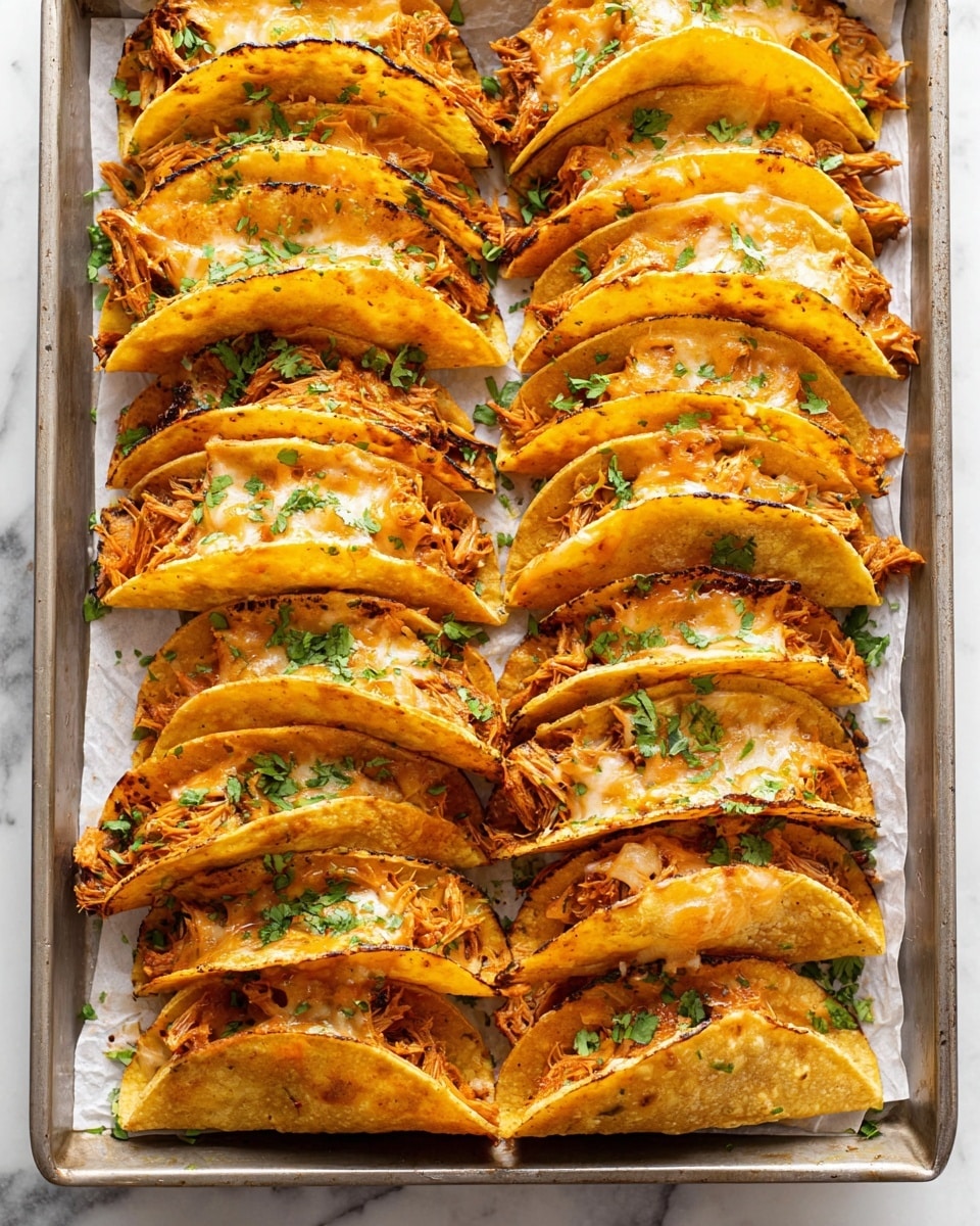 A metal tray lined with white parchment paper holds ten golden brown tacos arranged in two groups on either side. Each taco has a slightly crispy corn tortilla folded in half, filled with layers of melted orange cheese and shredded, browned jackfruit that has a textured, meat-like appearance. The tacos are sprinkled with chopped green herbs. In the top left corner of the tray is a white bowl filled with chunky red salsa, showing bits of tomatoes and herbs, while a white bowl filled with smooth, green guacamole sits near the center-right. The tray rests on a white marbled surface. photo taken with an iphone --ar 4:5 --v 7