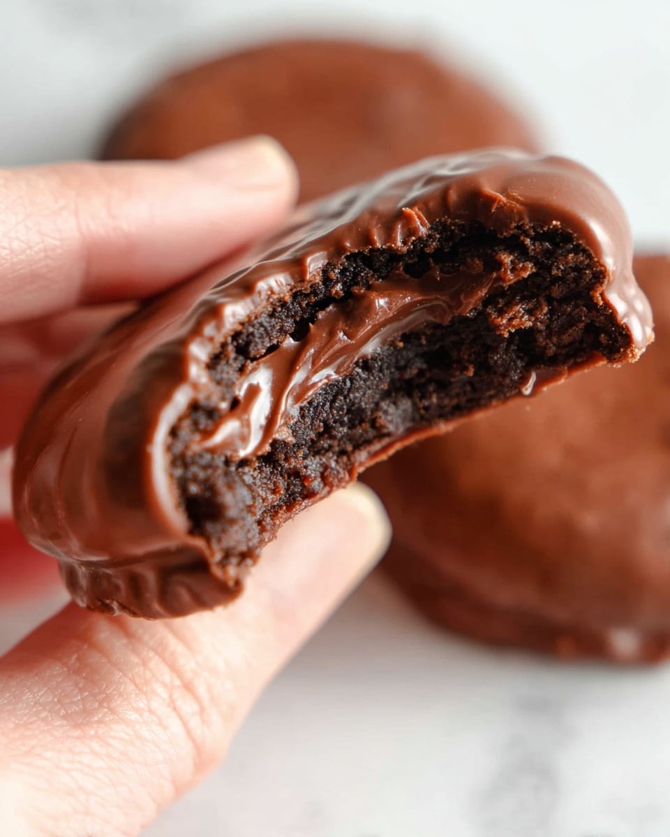 A single, round dessert covered in a smooth, thick layer of shiny milk chocolate coating that has slight bumps and uneven edges, sitting on a clean white plate. The chocolate coating is rich brown and looks soft but firm, fully covering the shape underneath. In the blurred background, there are a few more similar chocolate-covered treats resting on a cooling rack, all set against a white marbled texture. photo taken with an iphone --ar 4:5 --v 7