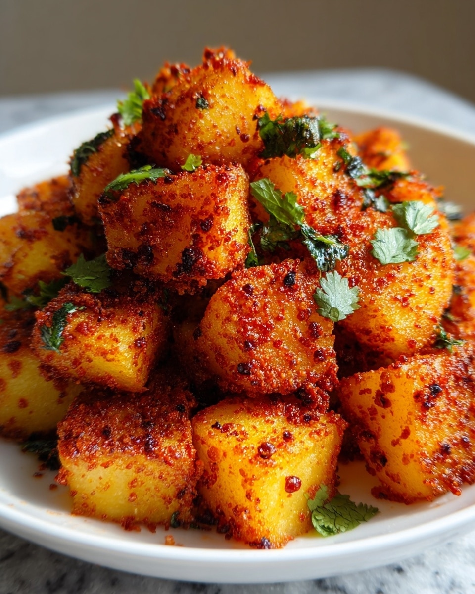 The image shows a close-up of a white bowl filled with roughly 20 golden-yellow potato cubes that are crispy and coated in a bright red, crunchy spice mix. The potatoes have a textured surface from the seasoning, with small dark red and black specks. Scattered fresh green herbs, likely cilantro, are sprinkled on top, adding a fresh contrast to the spicy coating. The cubes are piled in a loose mound, with some pieces catching the light, showing a slight shine from oil. The background is a white marbled texture, softly blurred to keep focus on the vibrant dish. Photo taken with an iphone --ar 4:5 --v 7