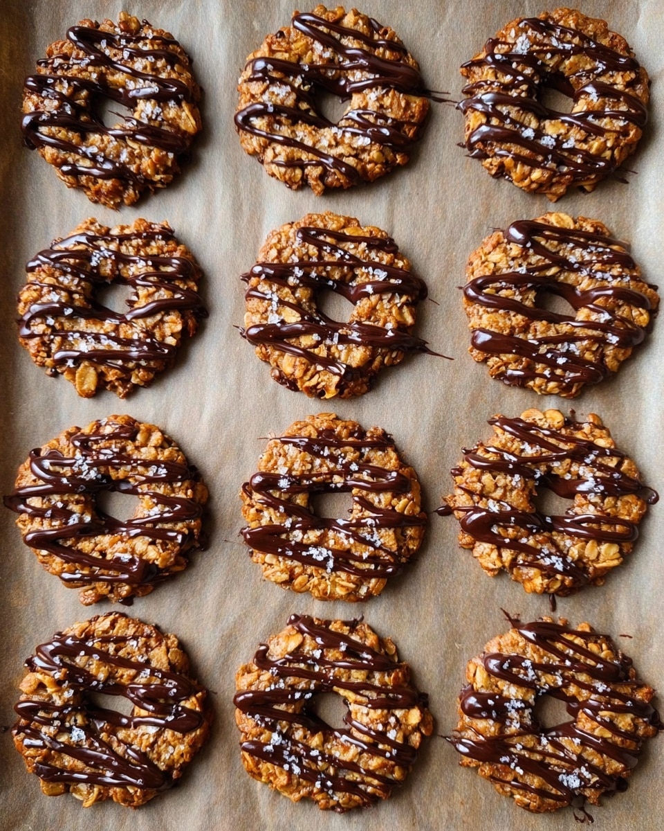 Fifteen round cookies arranged neatly on a sheet of brown parchment paper over a white marbled surface, each cookie has a crunchy textured base made of a golden brown mixture with visible oats or nuts. The cookies have a hollow center with three layers of thin chocolate drizzle running horizontally across the top. Small bits of white sprinkle-like toppings are scattered lightly over the cookies. The cookies are similar in size and evenly spaced in a grid pattern. photo taken with an iphone --ar 4:5 --v 7