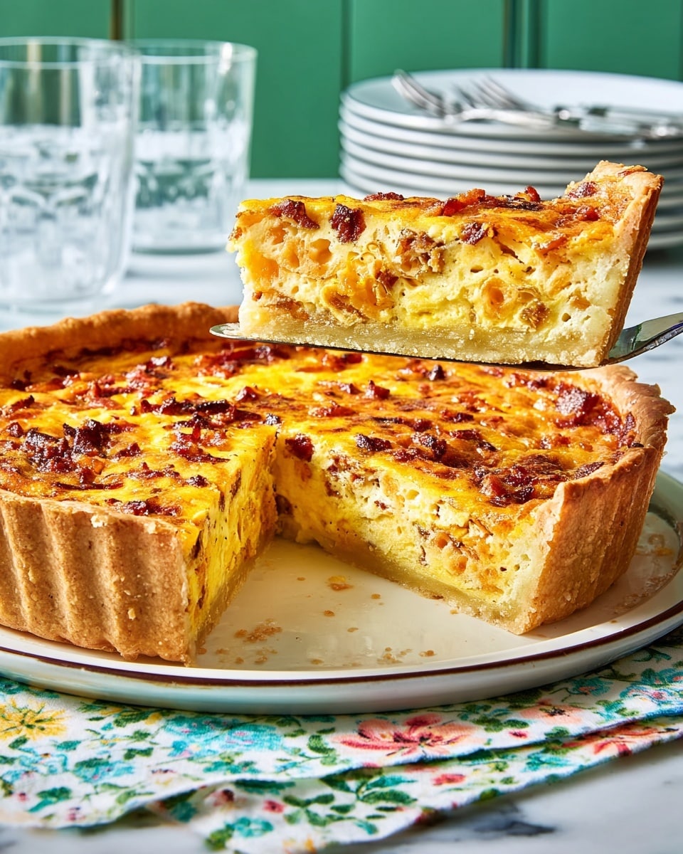 A deep pie with a thick, golden-brown crust holds multiple layered fillings. The bottom layer is a firm, light crust, topped by a thick yellow-orange custard mixed with orange bits and flecks of cooked bacon spread evenly through it. The top has a slightly browned cheesy or egg surface. A slice is being lifted, showing these layers clearly. The pie sits on a white plate with a thin dark rim, all placed on a white marbled surface with a floral cloth under the plate and blurred stacked plates, glasses, and a green wall in the background. Photo taken with an iphone --ar 4:5 --v 7