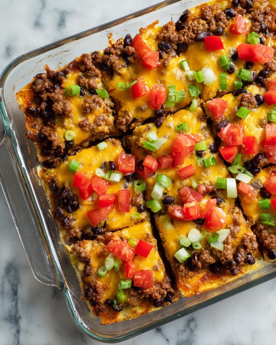The image shows a glass baking dish filled with a layered Mexican casserole cut into square pieces. The bottom layer is a soft, light-yellow tortilla base topped with a mixture of cooked ground meat and black beans, adding a dark brown and black texture. The next layer is a blend of melted yellow and white cheeses, covering the meat evenly and creating a gooey texture. On top, there are scattered chunks of bright red fresh tomatoes and small pieces of chopped green onions adding fresh color highlights. The dish is placed on a white marbled textured surface. photo taken with an iphone --ar 4:5 --v 7