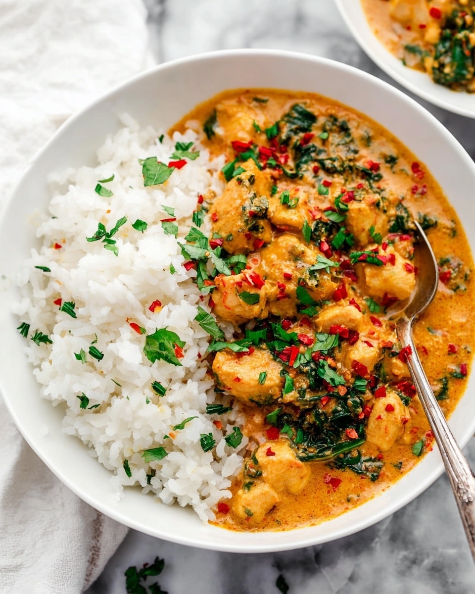 A white bowl filled halfway with fluffy white rice sprinkled with small green herb pieces, next to a thick orange curry sauce containing chunks of tender chicken, bits of green spinach, and small red chili flakes scattered on the top; the curry looks creamy with some visible onion pieces and is garnished with fresh green herbs, all served on a white marbled surface with a silver spoon resting inside the bowl. Photo taken with an iphone --ar 4:5 --v 7