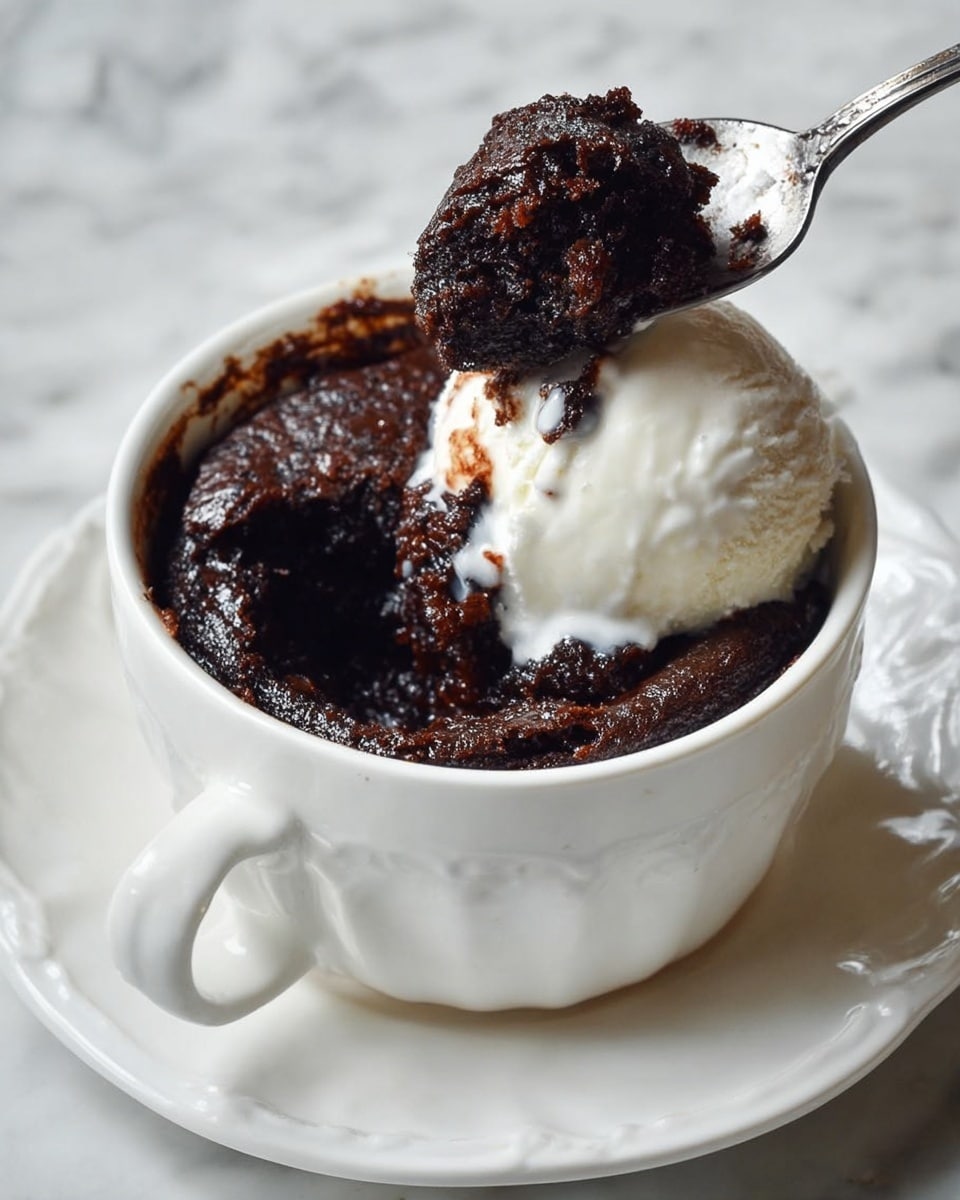 A white cup filled with rich, dark chocolate cake that looks moist and gooey, topped with a smooth scoop of white vanilla ice cream melting slightly into the cake. A spoon lifts a chunky piece of the chocolate cake showing its dense and sticky texture. The cup sits on a white scalloped saucer, and both are placed on a white marbled surface. photo taken with an iphone --ar 4:5 --v 7