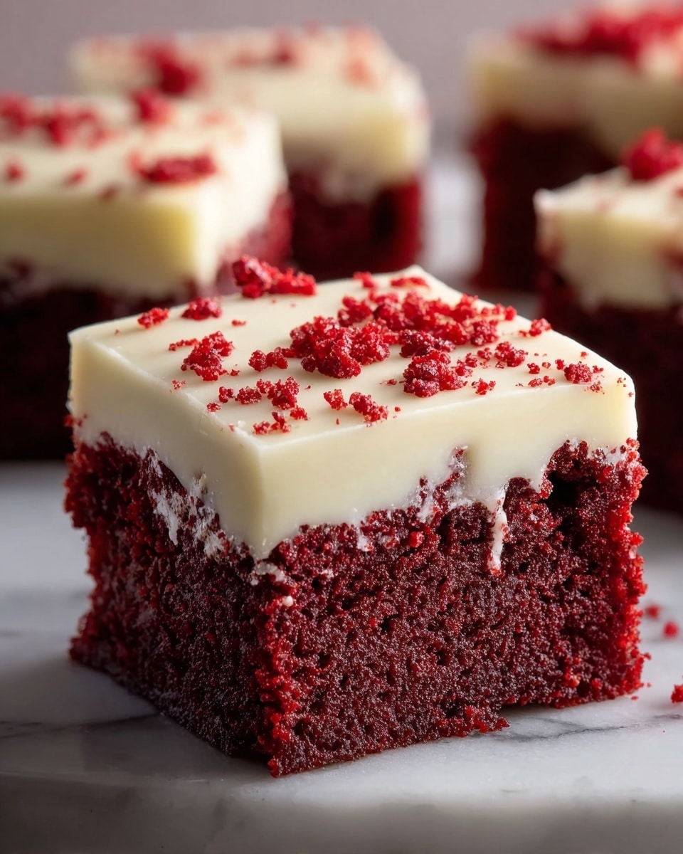 A close-up of a square-shaped red velvet cake piece with two layers, placed on a white marbled surface. The bottom layer is thick, deep red, and moist with a slightly crumbly texture, while the top layer is a smooth, creamy white frosting that drips slightly over the edges. The frosting is sprinkled with small, bright red crumbs. In the background, there are blurred pieces of the same cake. photo taken with an iphone --ar 4:5 --v 7