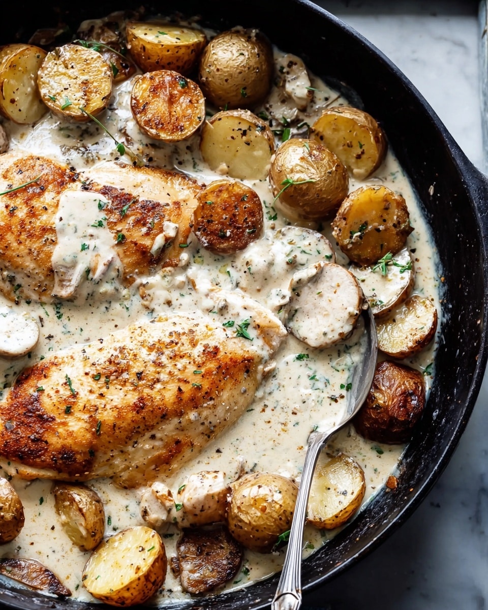 The image shows a close-up of a cast iron pan filled with two golden brown grilled chicken breasts covered in a thick creamy white sauce. Around the chicken, there are several light brown cooked potato slices partially submerged in the creamy sauce. The chicken and potatoes have a slightly crispy texture with blackened seasoning spots. The sauce is smooth, rich, and thick, pooling around the base of the chicken and potatoes. The background surface is a white marbled texture. photo taken with an iphone --ar 4:5 --v 7