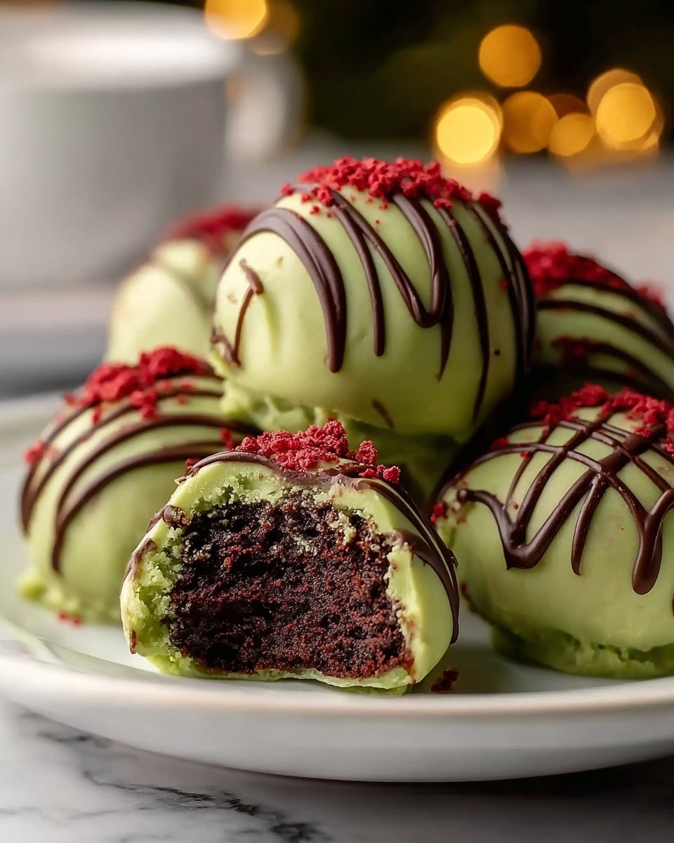 The image shows five round cake balls on a white plate arranged close together. Each cake ball has a dark brown inner layer with a moist texture, covered by a smooth green outer layer. The green coating looks creamy and thick, with lines of dark brown chocolate drizzled on top in a striped pattern. Some red crumbs are sprinkled on top of the green coating, adding extra color and texture. The cake ball in the front has a bite taken out of it, revealing the dark brown inside clearly. The plate sits on a white marbled surface, with a soft blurred background containing warm circular lights. photo taken with an iphone --ar 4:5 --v 7