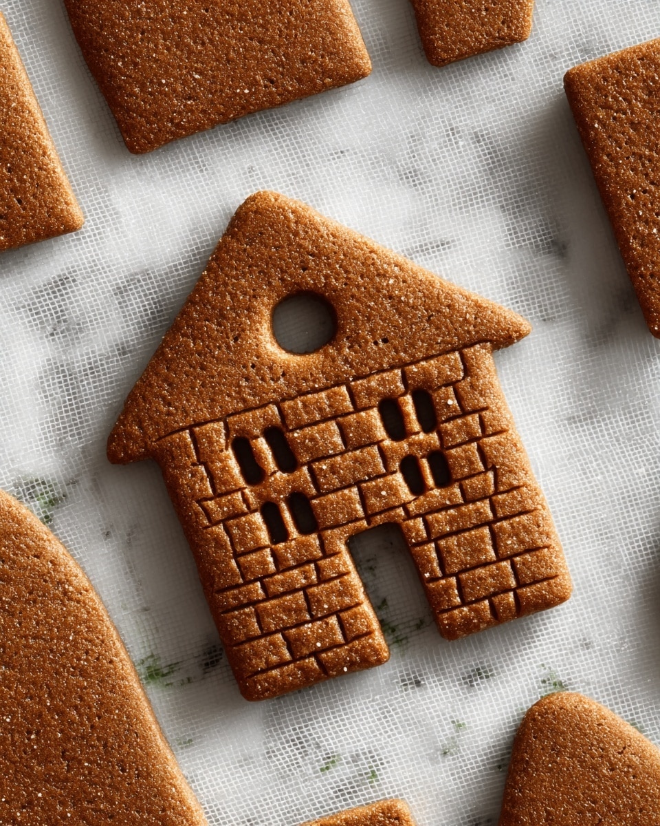 The image shows a close-up of several flat, brown gingerbread pieces on a textured baking mat with a strip of green near the bottom. The main focus is a triangular piece resembling a small house wall with brick patterns drawn on it, including two square window cutouts near the bottom and a round hole near the top center. To the right and above are plain flat rectangular and triangular gingerbread pieces, all with smooth edges and a rich brown color. The background is a white marbled texture. photo taken with an iphone --ar 4:5 --v 7
