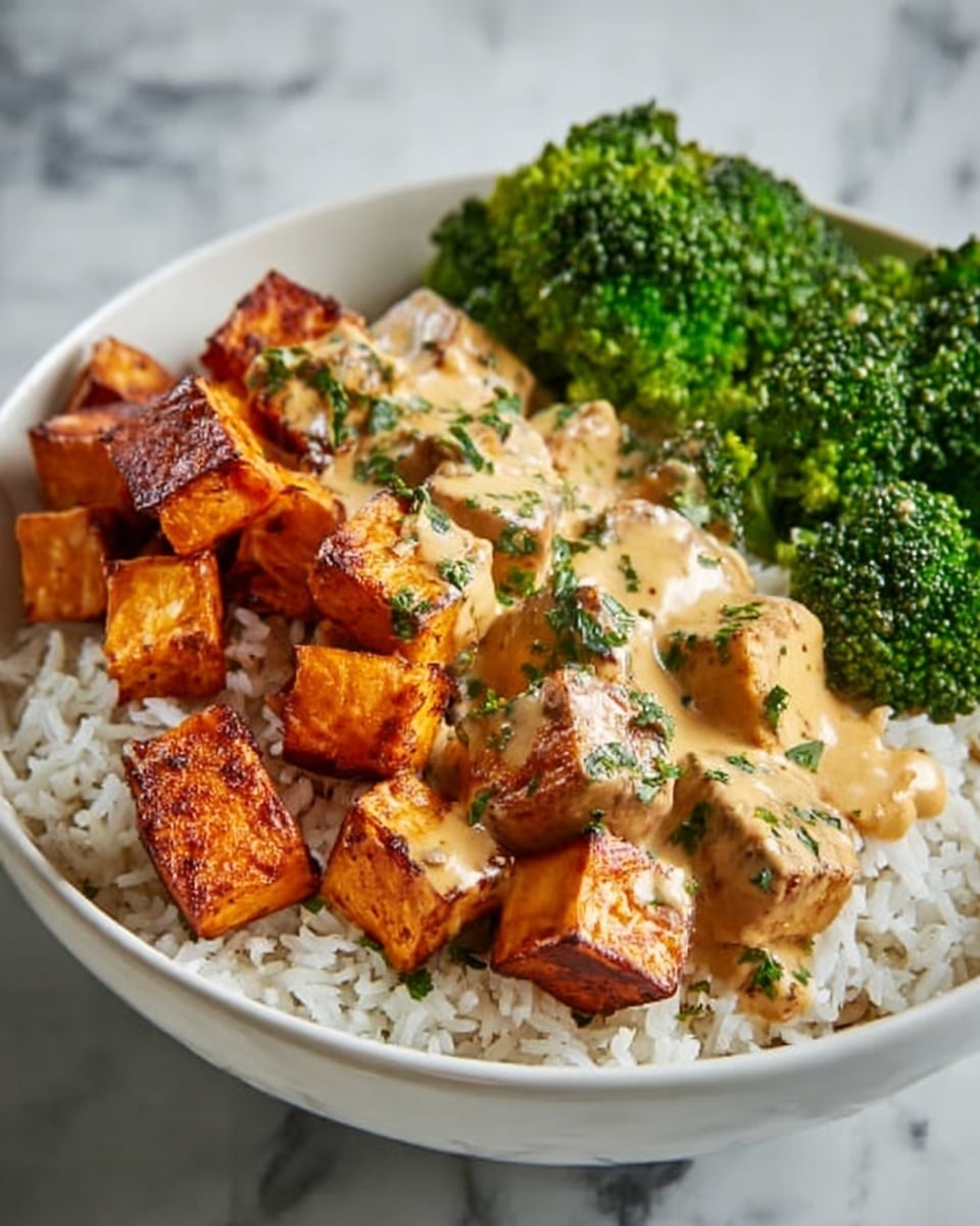 A white bowl is filled with a base layer of white rice, topped with two layers of cubed roasted sweet potatoes that are orange-brown and slightly crispy, and soft tofu pieces covered in a creamy, light brown sauce with specks of green herbs. On the side, there is a small bunch of bright green steamed broccoli. The bowl is placed on a white marbled surface. Photo taken with an iphone --ar 4:5 --v 7