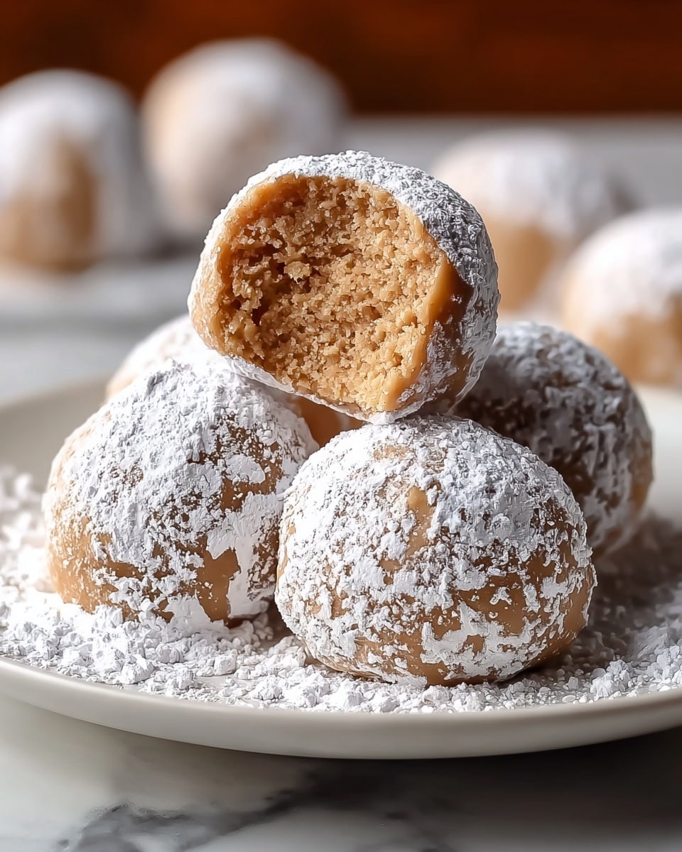 A close-up view of five round, light brown cookie balls on a white plate set on a white marbled surface, each ball lightly dusted with white powdered sugar giving a soft, snowy texture on top. One cookie ball is placed on top of two others, its front side bitten off to show a dense, crumbly inner layer of a slightly darker brown color with a soft texture. The other three cookie balls are arranged around the base, all coated evenly with powdered sugar that slightly melts into the surface. The background is softly blurred, highlighting the texture and shape of the cookie balls. Photo taken with an iphone --ar 4:5 --v 7