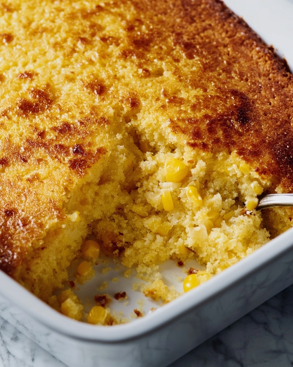 A white rectangular baking dish holds a single-layer corn pudding with a golden brown, slightly crispy top. The inside layer is soft and crumbly, bright yellow with visible whole corn kernels scattered throughout. A metal spoon scoops out a portion from one corner, revealing the moist, grainy texture beneath the crust. The dish sits on a rustic wooden surface with a soft white cloth nearby, all against a white marbled background. photo taken with an iphone --ar 4:5 --v 7