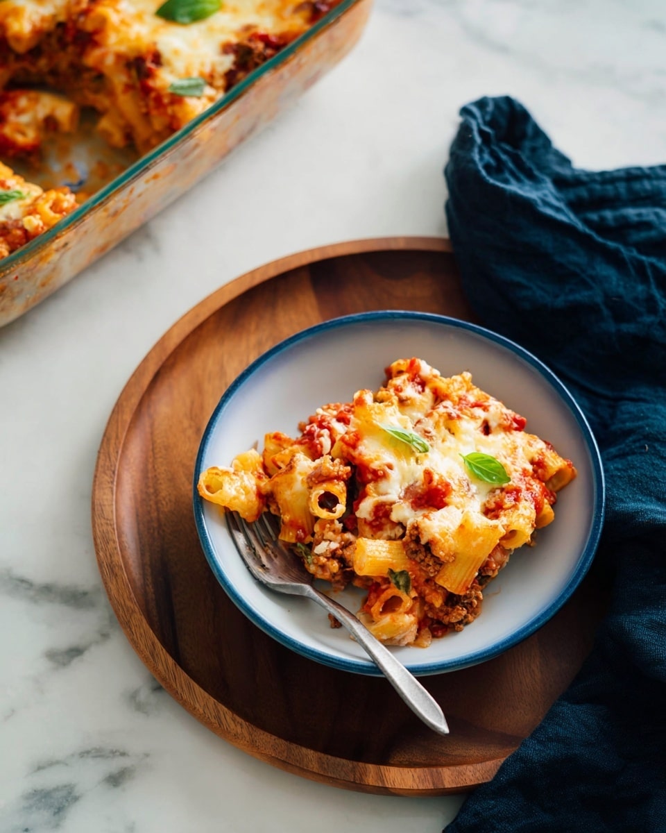 A white bowl with a blue inside holds one serving of baked pasta layered with three visible layers: a bottom layer of tube-shaped pasta mixed with a rich, chunky red tomato sauce and pieces of ground meat, a middle layer with more sauce and pasta, and a top layer covered in melted, golden brown cheese with small green basil leaves as garnish. The bowl rests on a round wooden tray set on a white marbled surface, with a fork partially inserted into the pasta. In the background, a glass baking dish filled with the same pasta is partially visible on the left side. A dark blue cloth is placed to the right of the tray. Photo taken with an iphone --ar 4:5 --v 7
