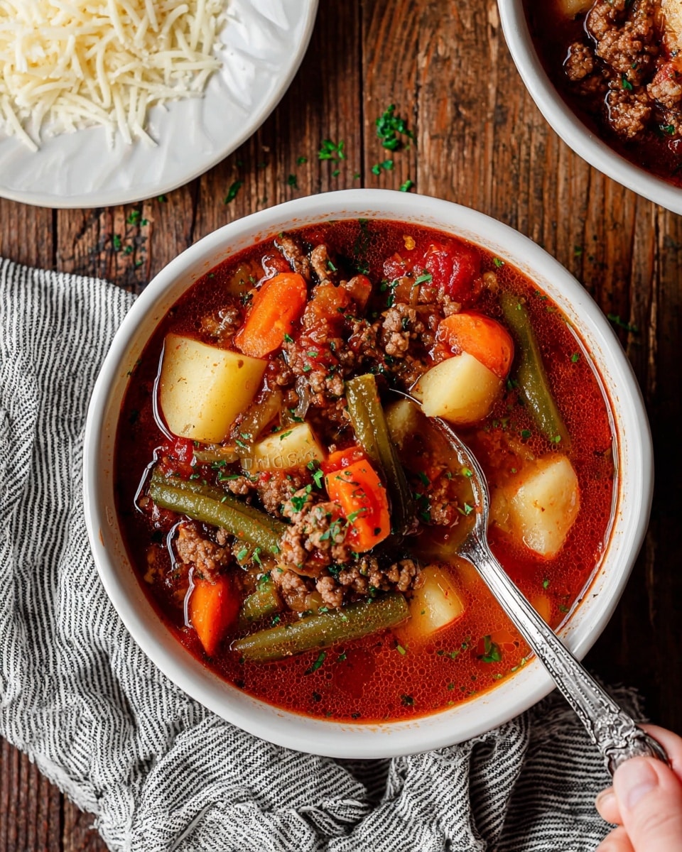 A white bowl filled with a hearty stew showing multiple layers of ingredients: bright orange carrot slices, yellow potato chunks, green beans, small pieces of ground meat, and red tomato-based broth. The stew is sprinkled with chopped green herbs, adding a fresh touch. The bowl sits on a wooden surface next to a white plate with shredded cheese and a gray and white striped cloth. A woman's hand holds a spoon dipping into the stew, creating a small ripple in the rich, oily broth. photo taken with an iphone --ar 4:5 --v 7