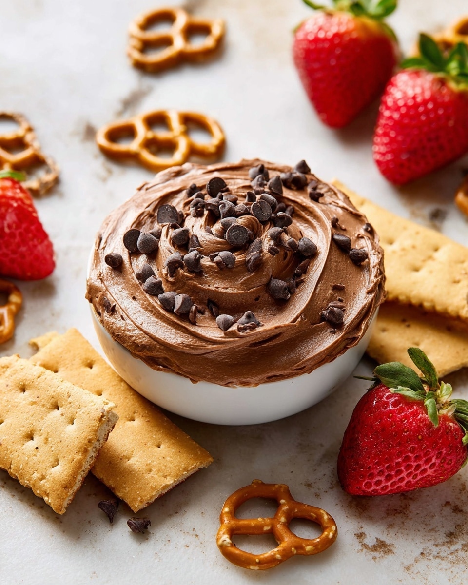 A small white bowl filled with a thick layer of rich, creamy chocolate mousse topped with scattered dark chocolate chips. The mousse has a smooth, swirled texture with glossy highlights showing its softness, rising slightly over the rim of the bowl. Surrounding the bowl are golden pretzels, rectangular graham crackers—one partially dipped in the mousse—and bright red strawberries with green leaves, some whole and some sliced in half. The entire scene sits on a white marbled texture, giving a clean and fresh look. photo taken with an iphone --ar 4:5 --v 7
