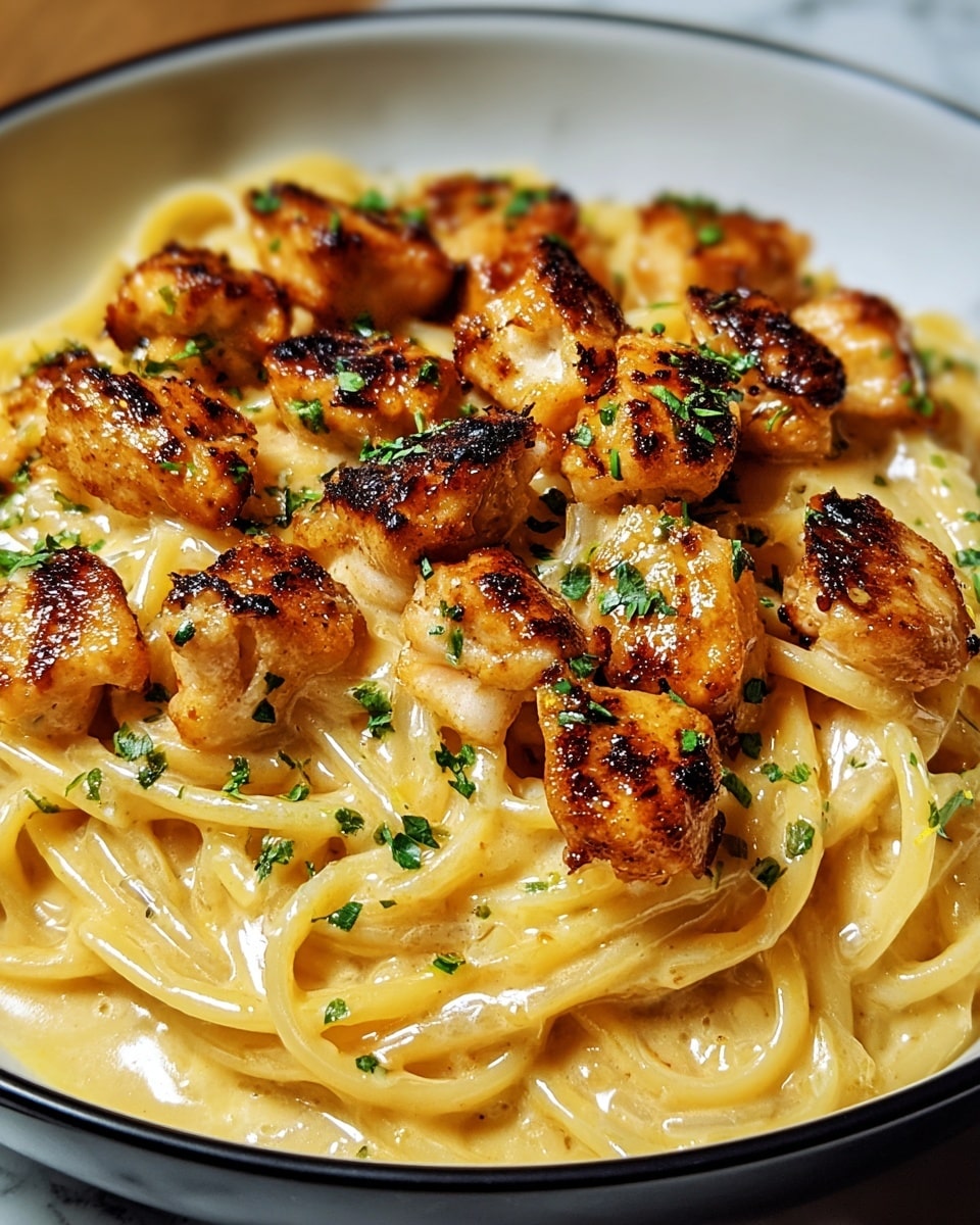 A close-up of a creamy pasta dish served in a white bowl with a black rim, showing two main layers: the bottom layer is long, smooth spaghetti coated in a rich, light yellow creamy sauce, and the top layer consists of golden-brown grilled chicken bites with a slightly crispy texture, scattered evenly over the pasta and sprinkled with small pieces of fresh green herbs. The whole dish sits on a white marbled surface, with small shadows adding depth to the bowl's round shape, photo taken with an iphone --ar 4:5 --v 7