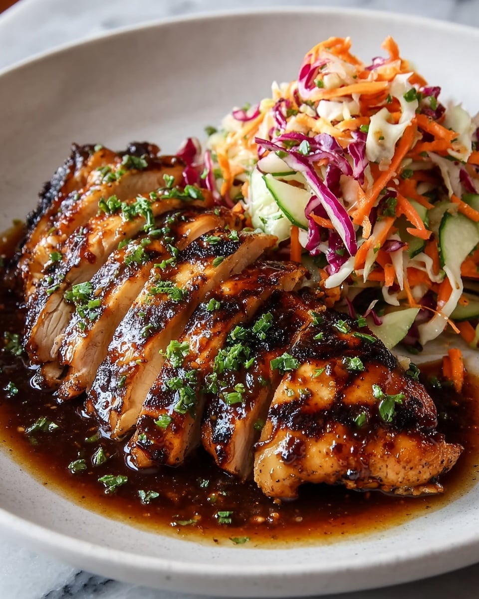 The dish shows grilled chicken breast sliced into thick pieces, arranged in a slightly fanned-out layer on the left side of a white plate, covered with a glossy dark brown sauce and sprinkled with chopped green herbs. On the right side, a colorful slaw mix made of thinly shredded carrots, purple cabbage, white cabbage, and cucumber is piled in a fresh, slightly loose layer. The chicken looks juicy with a caramelized, slightly charred texture, while the vibrant slaw provides a mix of crunchy, moist, and bright elements. The plate sits on a white marbled texture. Photo taken with an iphone --ar 4:5 --v 7