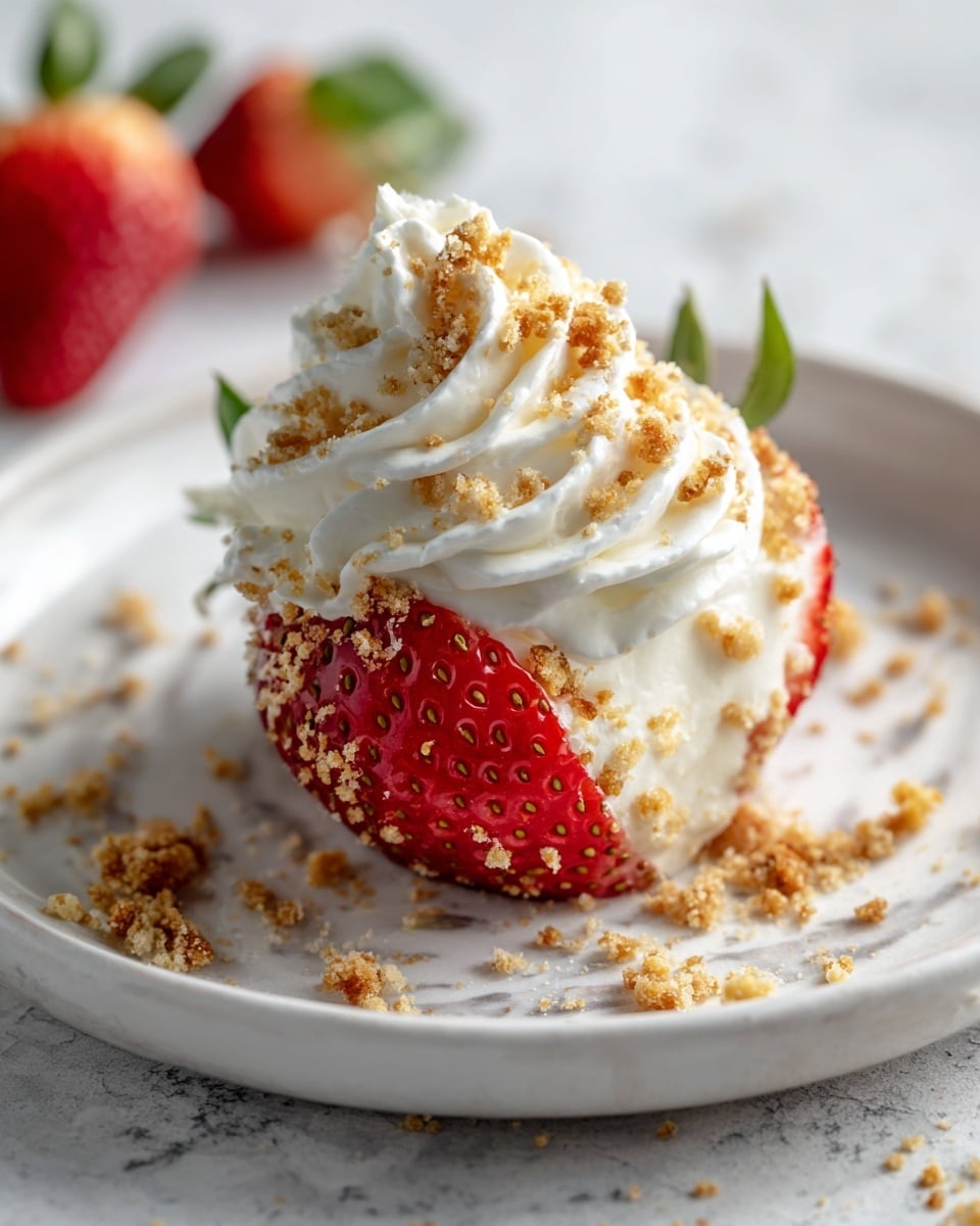 A close-up of a strawberry half placed on a white plate with a white marbled surface beneath, topped with a swirl of white whipped cream. The whipped cream has a soft, creamy texture and is sprinkled with light brown crumbs. The bright red strawberry is fresh and juicy, with visible seeds and a slightly glossy surface. More crumbs are scattered around the plate, adding a crunchy texture contrast. Photo taken with an iphone --ar 4:5 --v 7