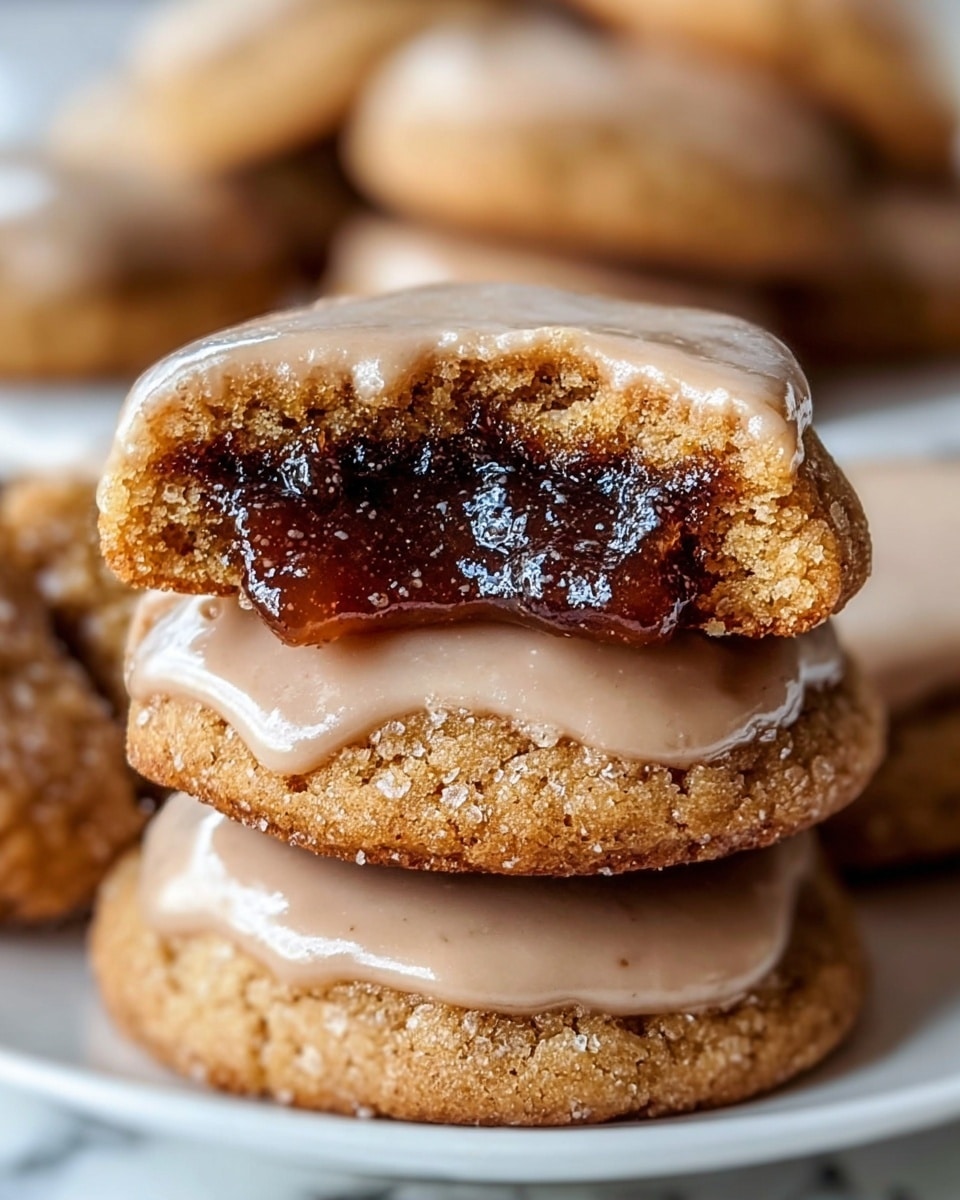 Two square cookies stacked on top of each other on a white plate with a white marbled texture background. Each cookie has three visible layers: the bottom and top layers are golden-brown, soft and slightly crumbly cookie dough, while the middle layer is a glossy, dark brown, gooey filling. The top cookie is coated with a smooth, light brown glaze with small, darker brown sprinkle-like bits on top. The edges of the cookies show a soft texture with some crumbles. Photo taken with an iphone --ar 4:5 --v 7