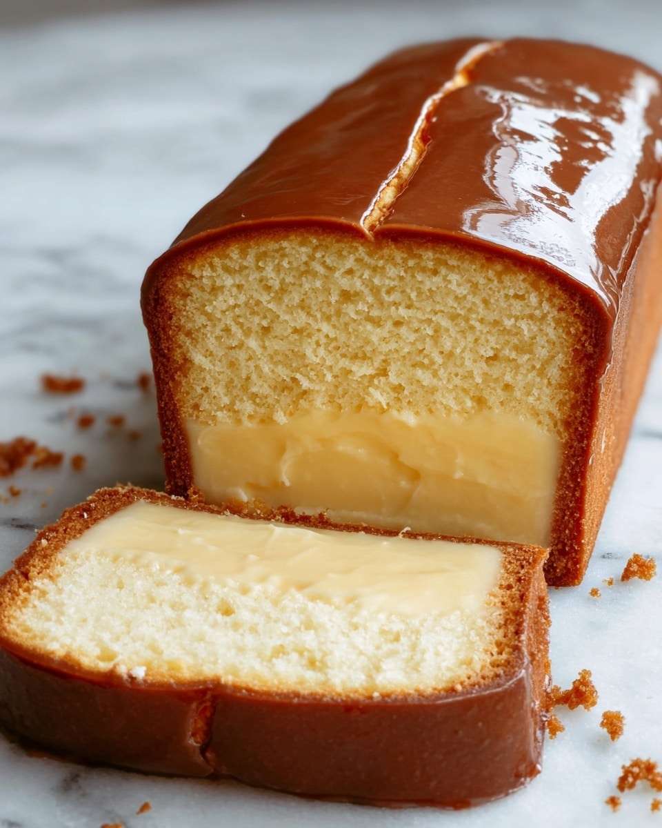 A rectangular cake slice with three visible layers: the outermost layer is a shiny, smooth dark brown glaze covering the top and sides with a crack running through the middle, beneath it is a thick pale yellow sponge cake layer, and at the center is a dense, creamy light beige filling with a smooth texture. The cake is placed on a white marbled surface with small cake crumbs scattered around. Photo taken with an iphone --ar 4:5 --v 7