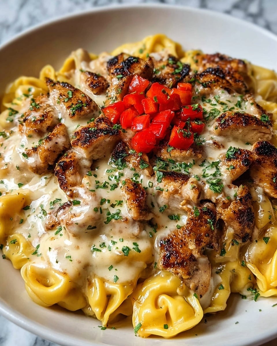 A close-up of a white plate filled with a creamy pasta dish, showing about three layers. The bottom layer is tender, yellow tortellini pasta folded and nestled together. On top of this pasta, browned grilled chicken pieces with a slightly charred crust are spread evenly, adding a rich golden-brown texture. Covering the chicken and pasta is a thick layer of melted white cheese sauce, smooth and glossy, sprinkled with finely chopped fresh green herbs. At the very center, small diced bright red bell peppers are placed as a garnish, adding a pop of color. The background is a white marbled surface. Photo taken with an iphone --ar 4:5 --v 7